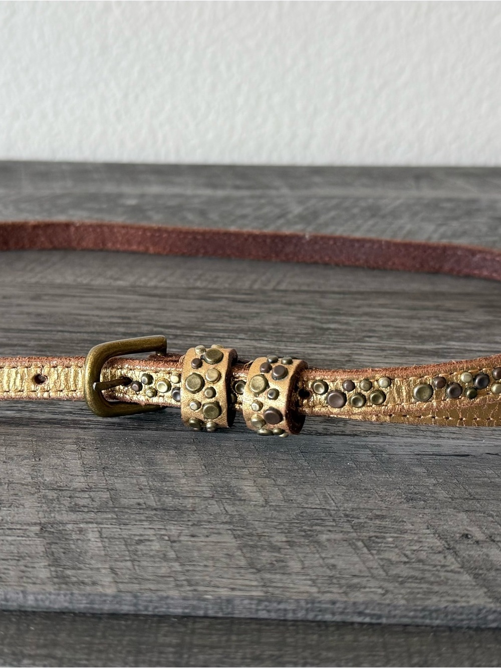 Studded Metallic Brown Leather Belt with Brass Accents, size small